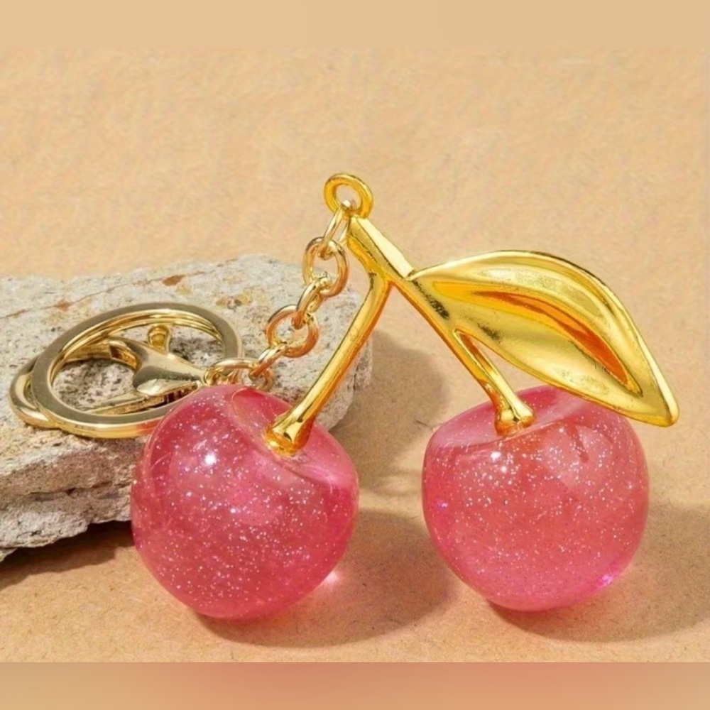 Gold “Mini” Cherry Pendant Keychain with Pink Glitter Cherries